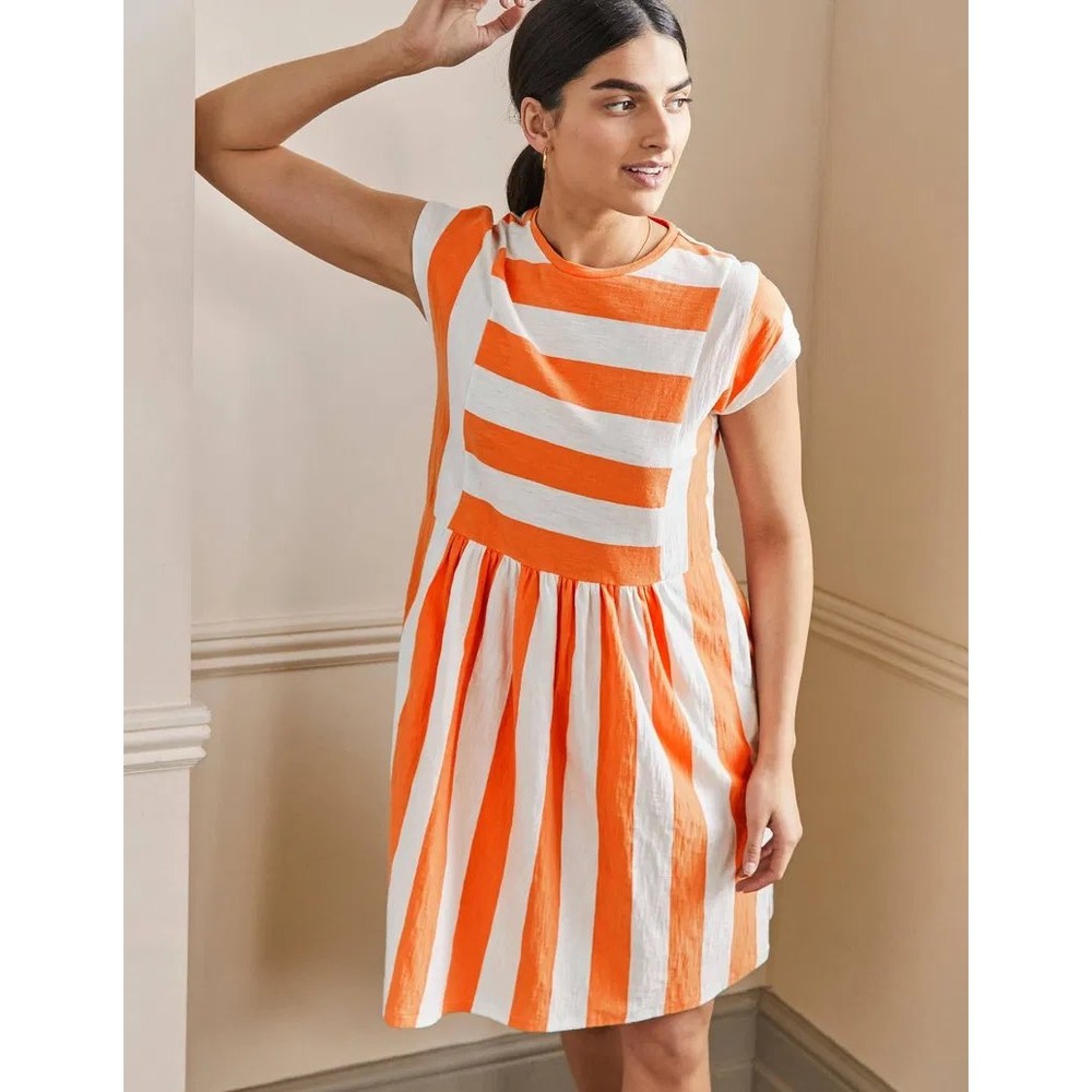 Boden US 12L Jersey T-Shirt Dress Orange White Striped Side Pockets Cotton D0134